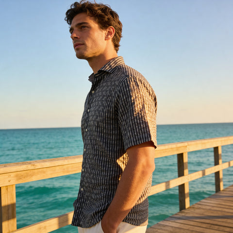Men’s Luchiano Visconti Short Sleeve Seersucker Shirt | Grey stripe