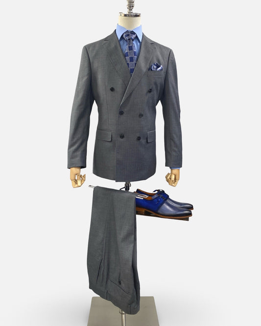 Silk & Wool Blended Gray Sharkskin Double-Breasted Suit – Modern Fit