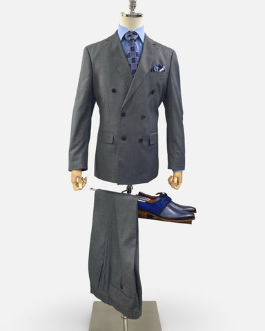 Silk & Wool Blended Gray Sharkskin Double-Breasted Suit – Modern Fit