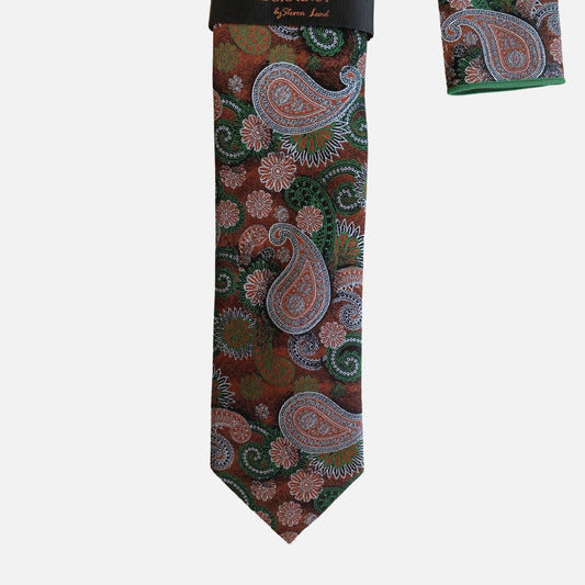 Steven Land “BW2430” Brown Silk Tie and Hanky