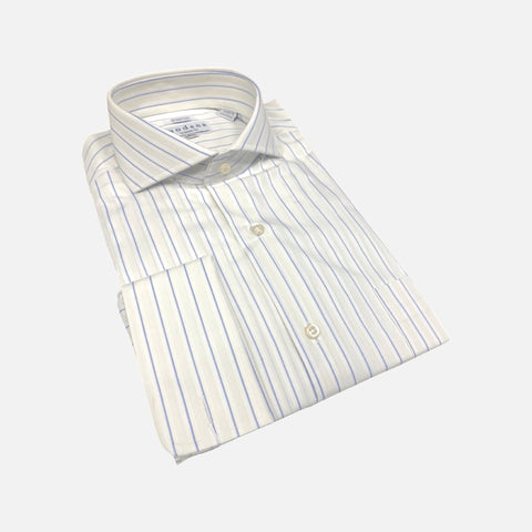 Men’s Off White Shirt with Blue Stripe French Cuff Dress Shirt | Classic Fit