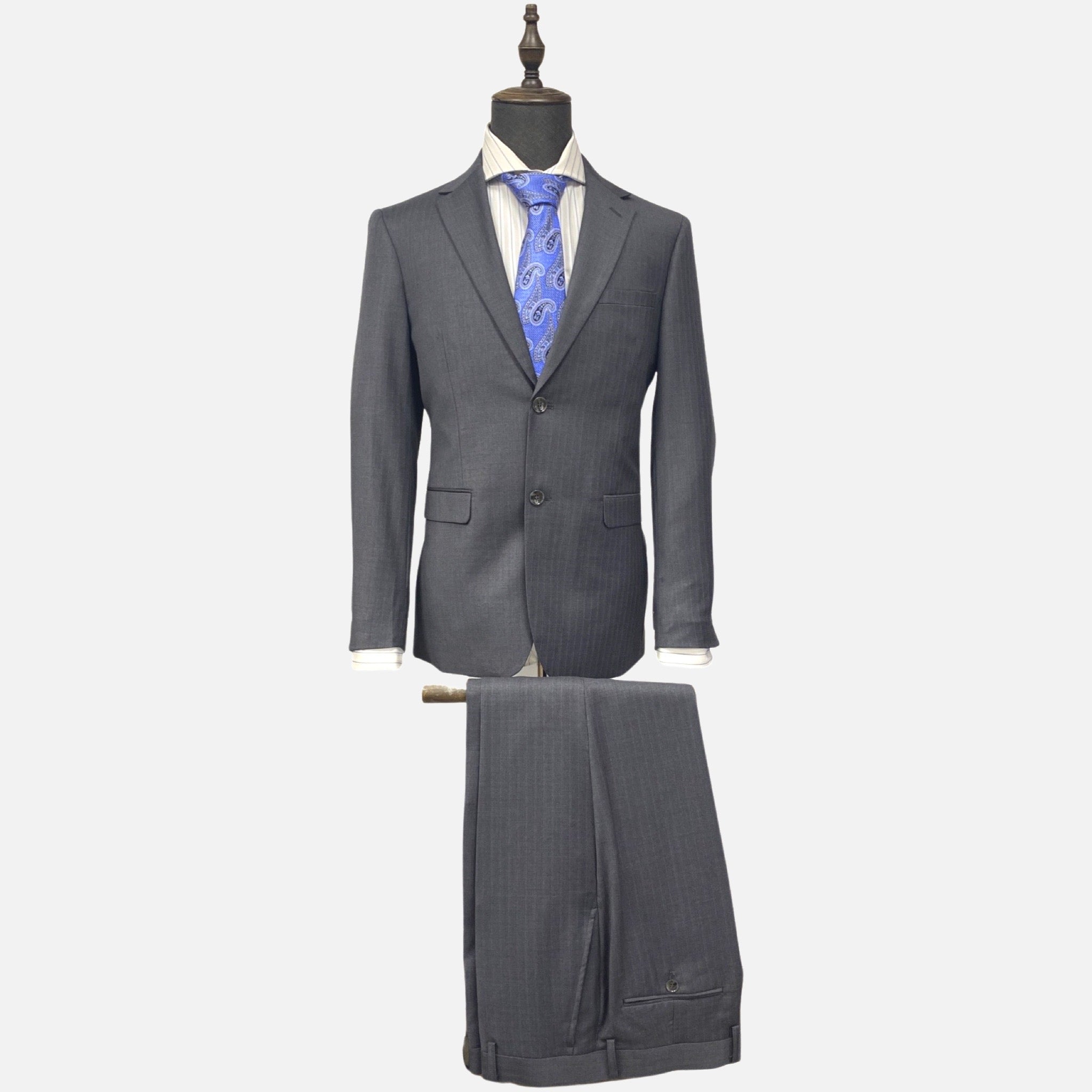 Sophisticated Elegance: Gray Pinstriped Suit with Subtle Blue Stripes | Slim Fit