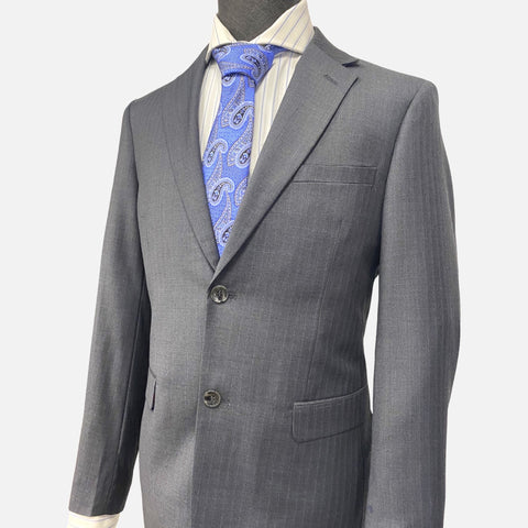 Sophisticated Elegance: Gray Pinstriped Suit with Subtle Blue Stripes | Slim Fit