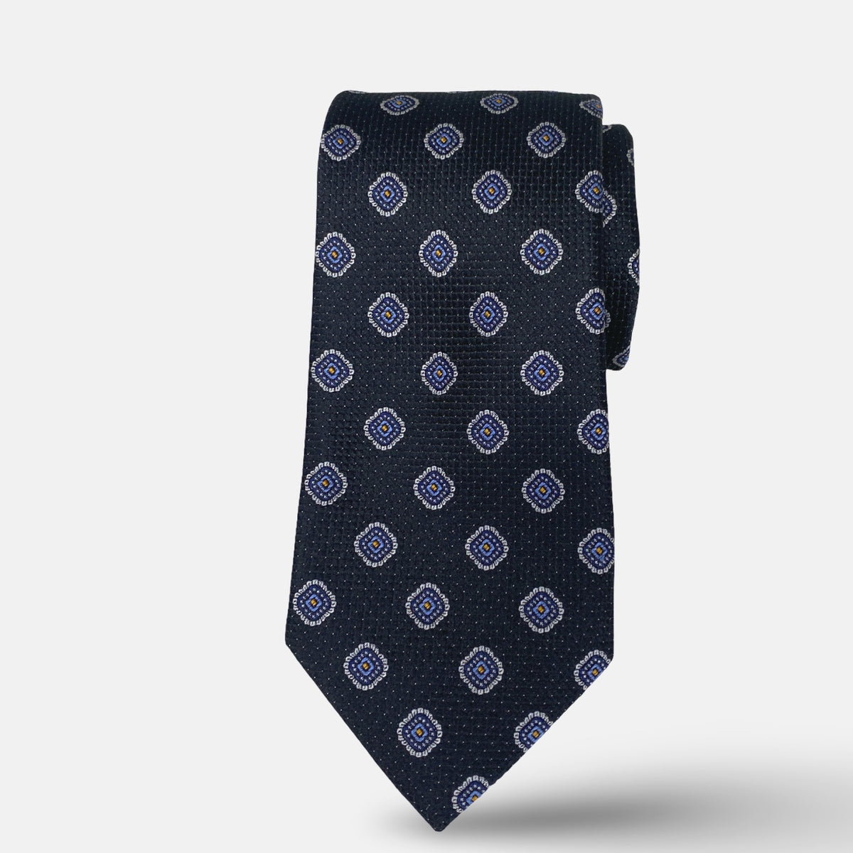Handmade 100% Silk Tie – Classic Black with Blue &amp; White Medallion Pattern