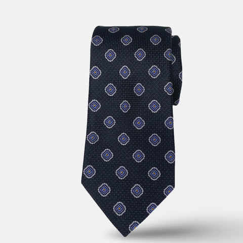 Handmade 100% Silk Tie – Classic Black with Blue &amp; White Medallion Pattern