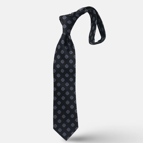 Handmade 100% Silk Tie – Classic Black with Blue &amp; White Medallion Pattern