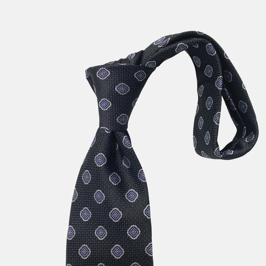 Handmade 100% Silk Tie – Classic Black with Blue &amp; White Medallion Pattern