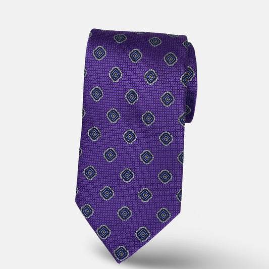 Handmade 100% Silk Tie – Burnt Orange with Blue Geometric Medallions
