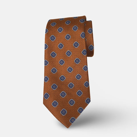 Handmade 100% Silk Tie – Burnt Orange with Blue Geometric Medallions