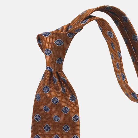 Handmade 100% Silk Tie – Burnt Orange with Blue Geometric Medallions