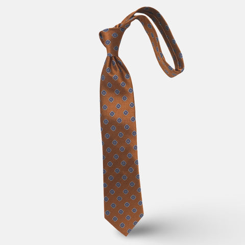 Handmade 100% Silk Tie – Burnt Orange with Blue Geometric Medallions