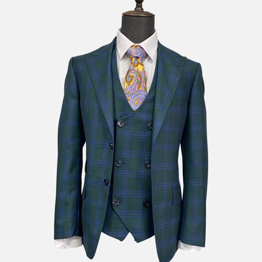 Tiglio Men's Green Plaid Italian Suit - Pure Wool, Classic Fit, 3-Piece with Vest, Peak Lapel, Single Breasted