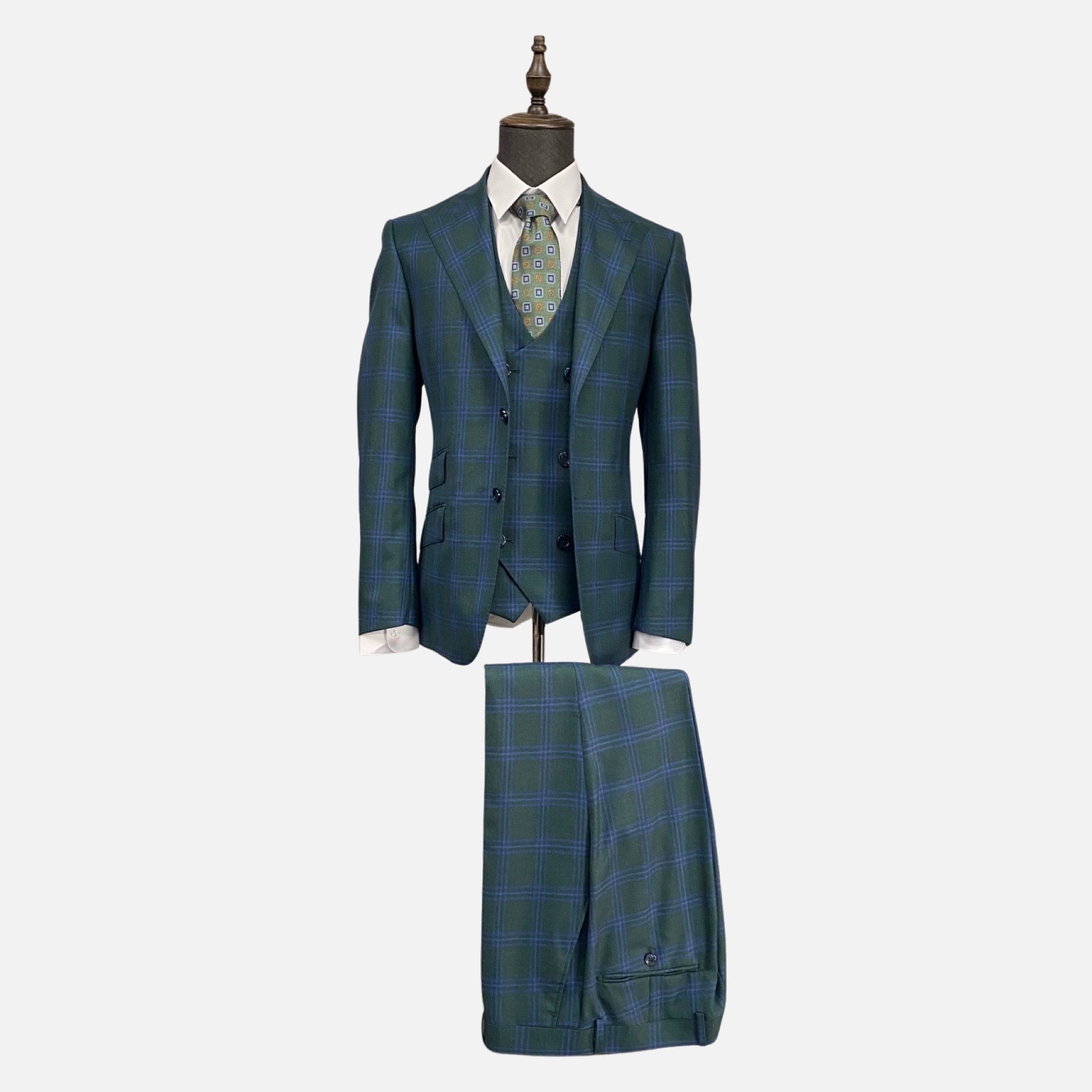 Tiglio Men's Green Plaid Italian Suit - Pure Wool, Classic Fit, 3-Piece with Vest, Peak Lapel, Single Breasted