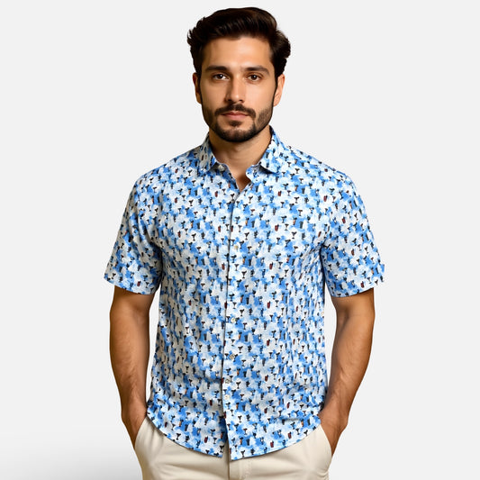 Luchiano Visconti Men’s Short Sleeve Modern Fit Shirt SEFSMG52 – Blue Cocktail Print
