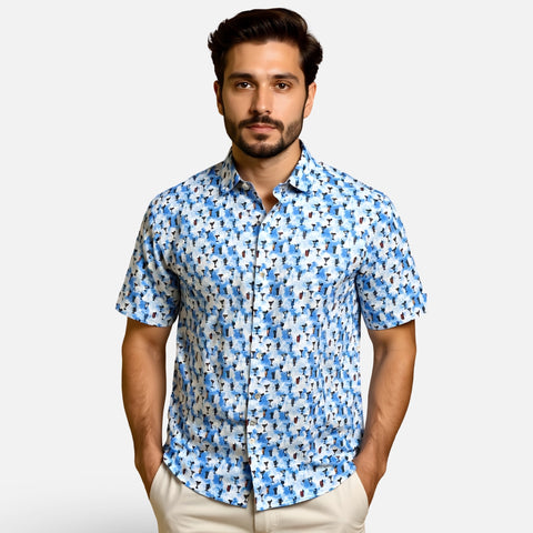 Luchiano Visconti Men’s Short Sleeve Modern Fit Shirt SEFSMG52 – Blue Cocktail Print
