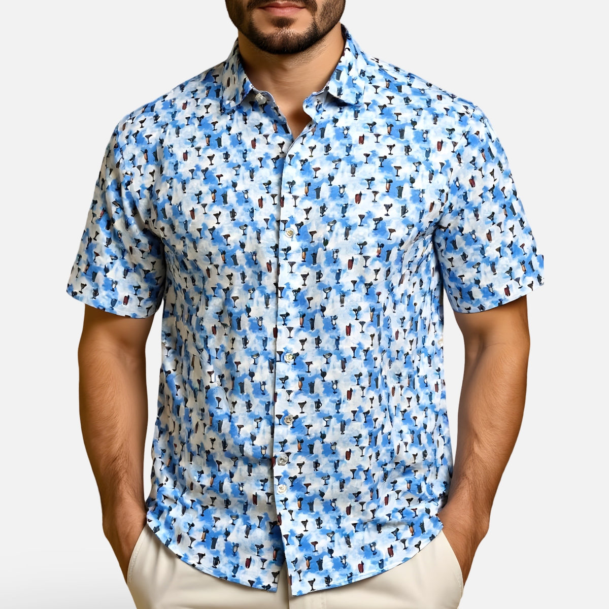 Luchiano Visconti Men’s Short Sleeve Modern Fit Shirt SEFSMG52 – Blue Cocktail Print