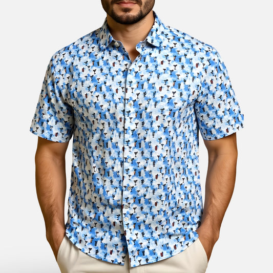 Luchiano Visconti Men’s Short Sleeve Modern Fit Shirt SEFSMG52 – Blue Cocktail Print