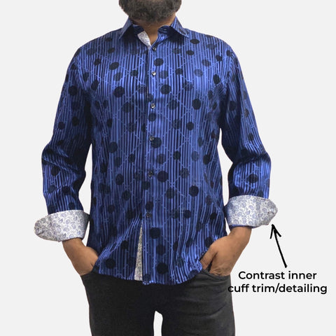 Mens blue shirt with contrast under cuff trim/detailing
