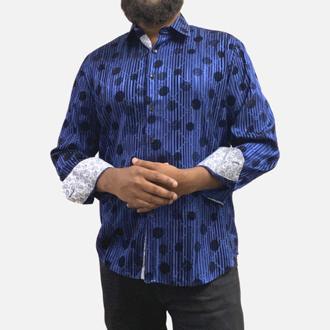 Mens blue shirt with contrast inner cuff trim/detailing