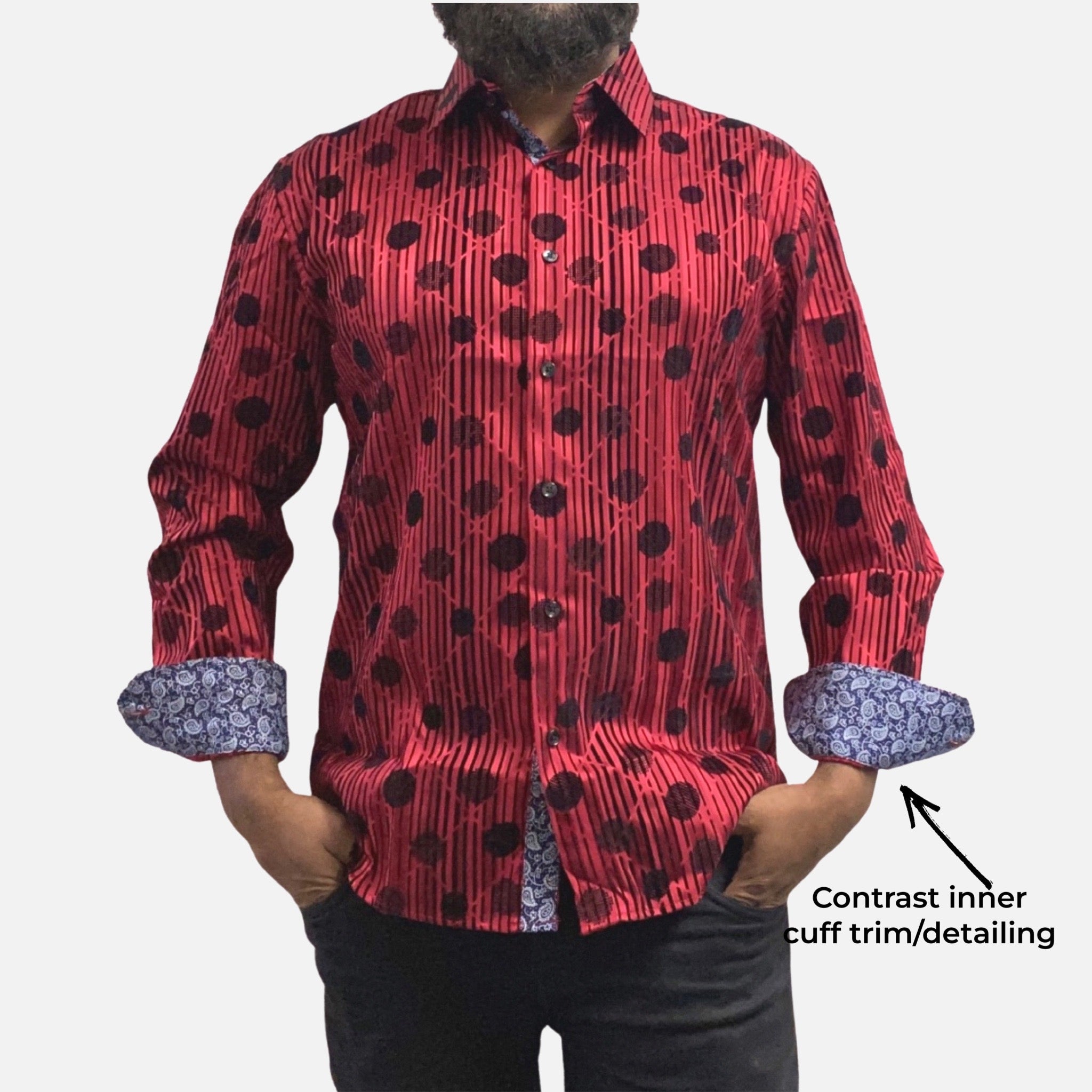 Mens red casual slim fit shirt with contrast inner cuff