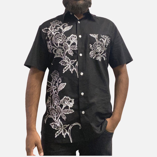 Black Linen Shirt with White Floral Designer - Casual Summer Button-Up