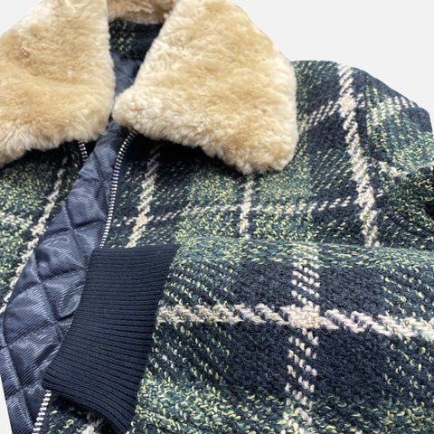 Moss Green Plaid Wool-Blend Bomber Jacket with Removable Shearling Collar | Dolce Vita Fashions