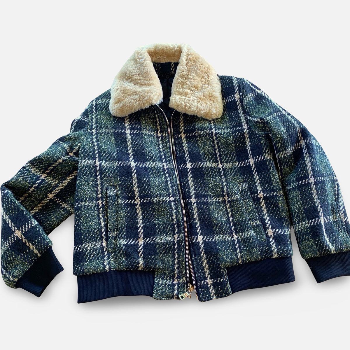 Moss Green Plaid Wool-Blend Bomber Jacket with Removable Shearling Collar | Dolce Vita Fashions