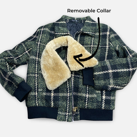 Moss Green Plaid Wool-Blend Bomber Jacket with Removable Shearling Collar | Dolce Vita Fashions