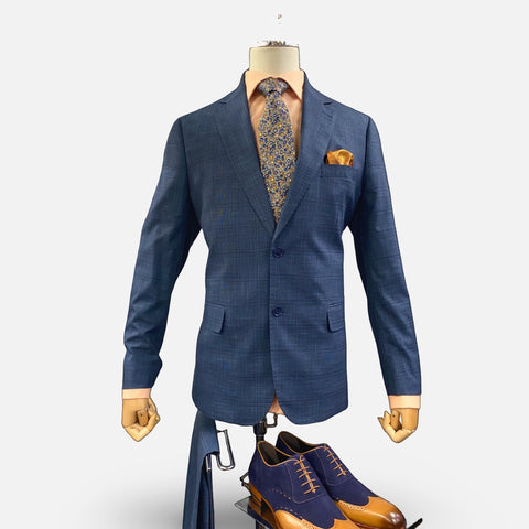Men’s Modern Blue Silk-Blend Windowpane Suit – Contemporary Fit, Flat-Front Pants