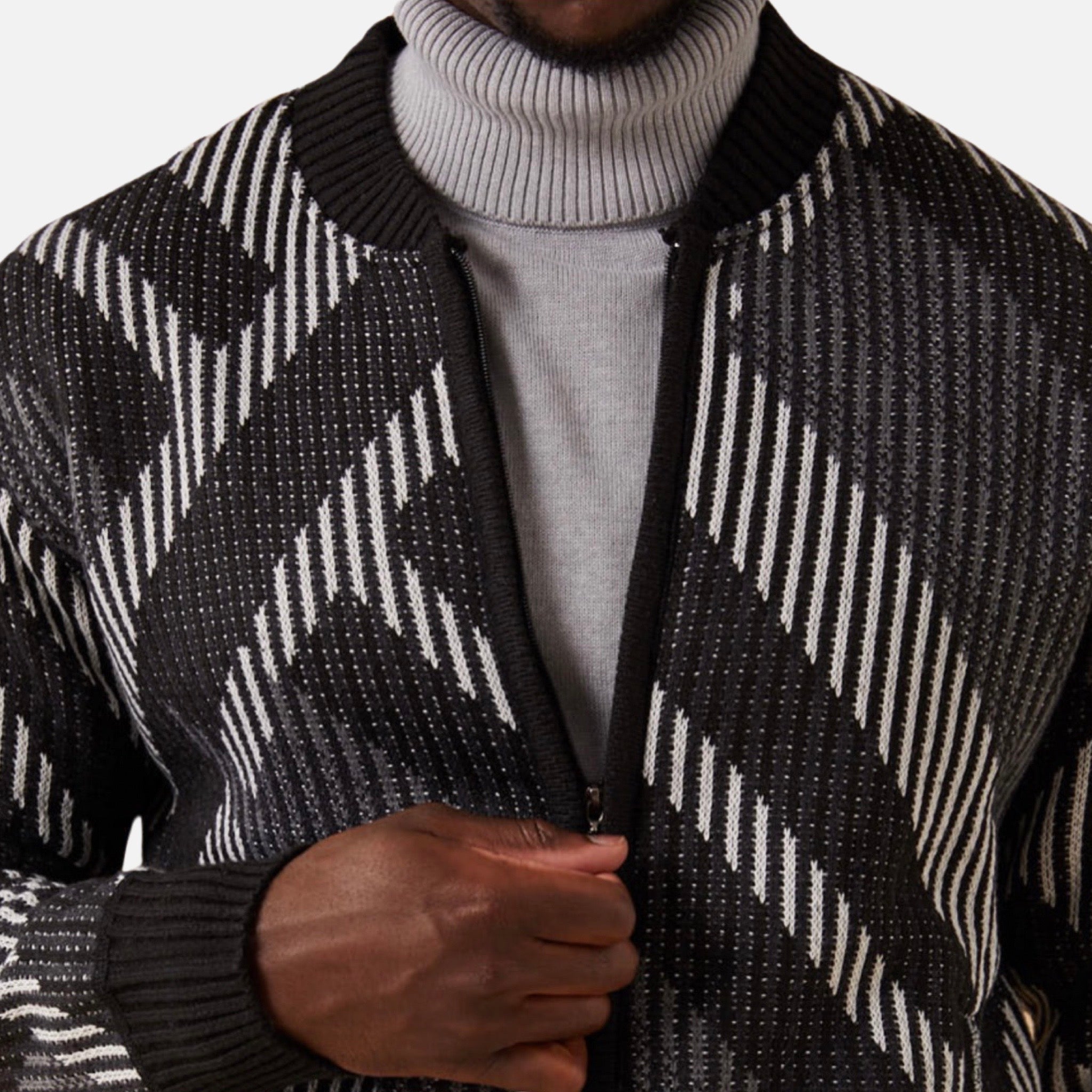 Mens Black Baseball Collar Full Zip Sweater | Modern Fit