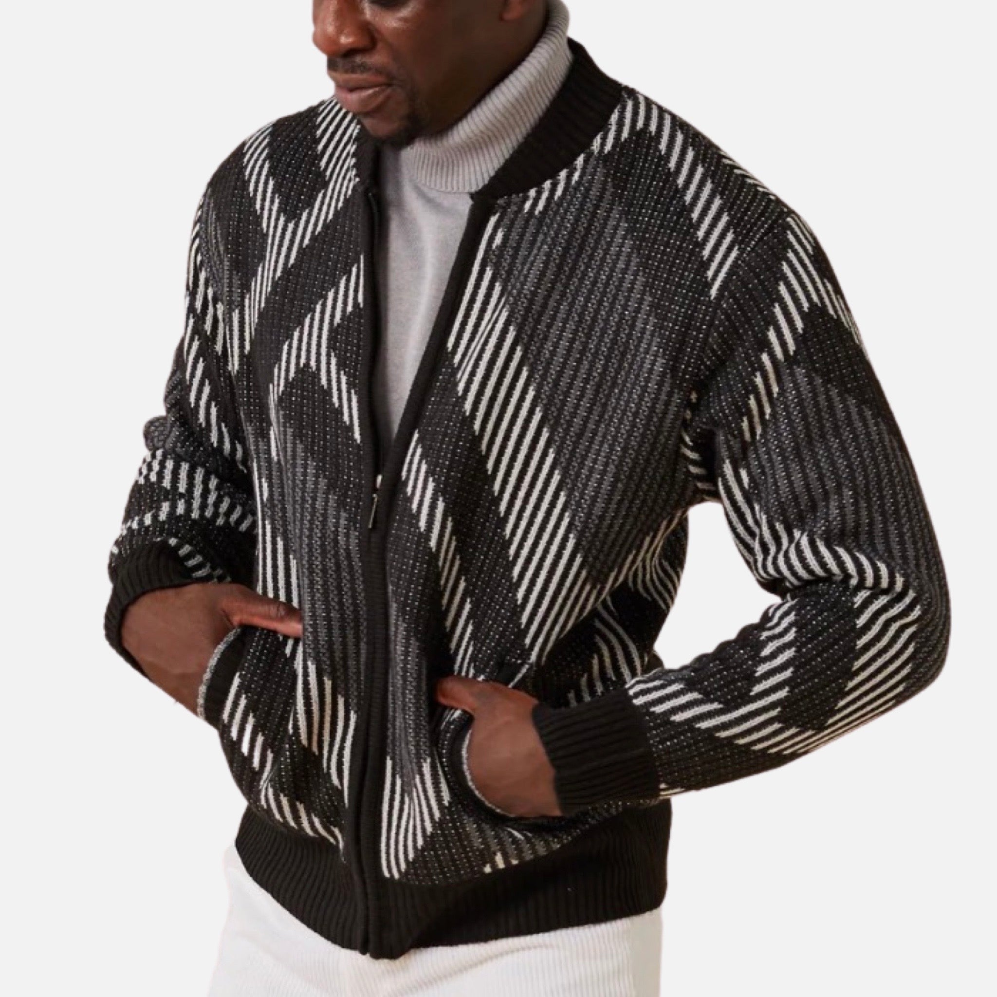Mens Black Baseball Collar Full Zip Sweater | Modern Fit