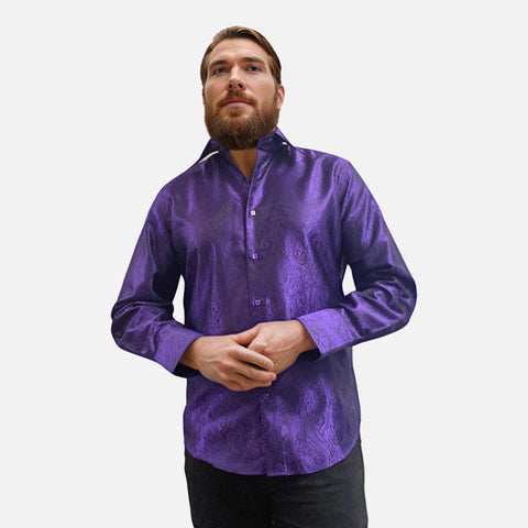 Men's Purple Tone-on-Tone Jacquard Paisley Satin Style Shirt