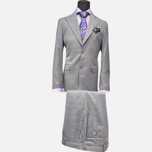 Gray with Lavender Plaid Striped Suit - Wool and Silk Blend, Modern Fit