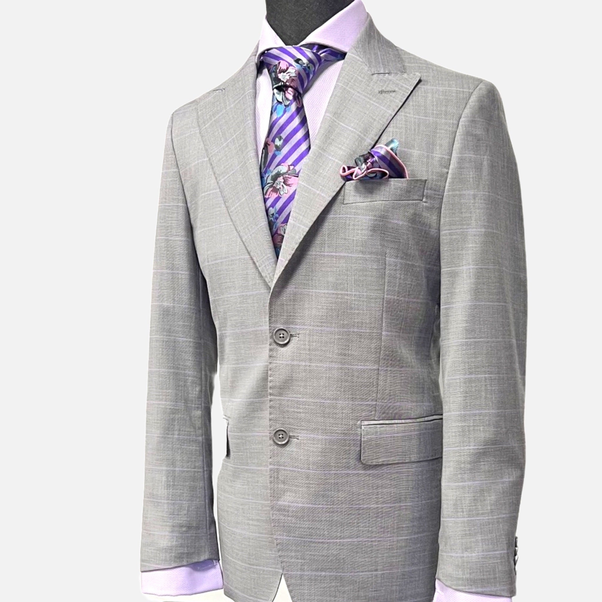 Gray with Lavender Plaid Striped Suit - Wool and Silk Blend, Modern Fit