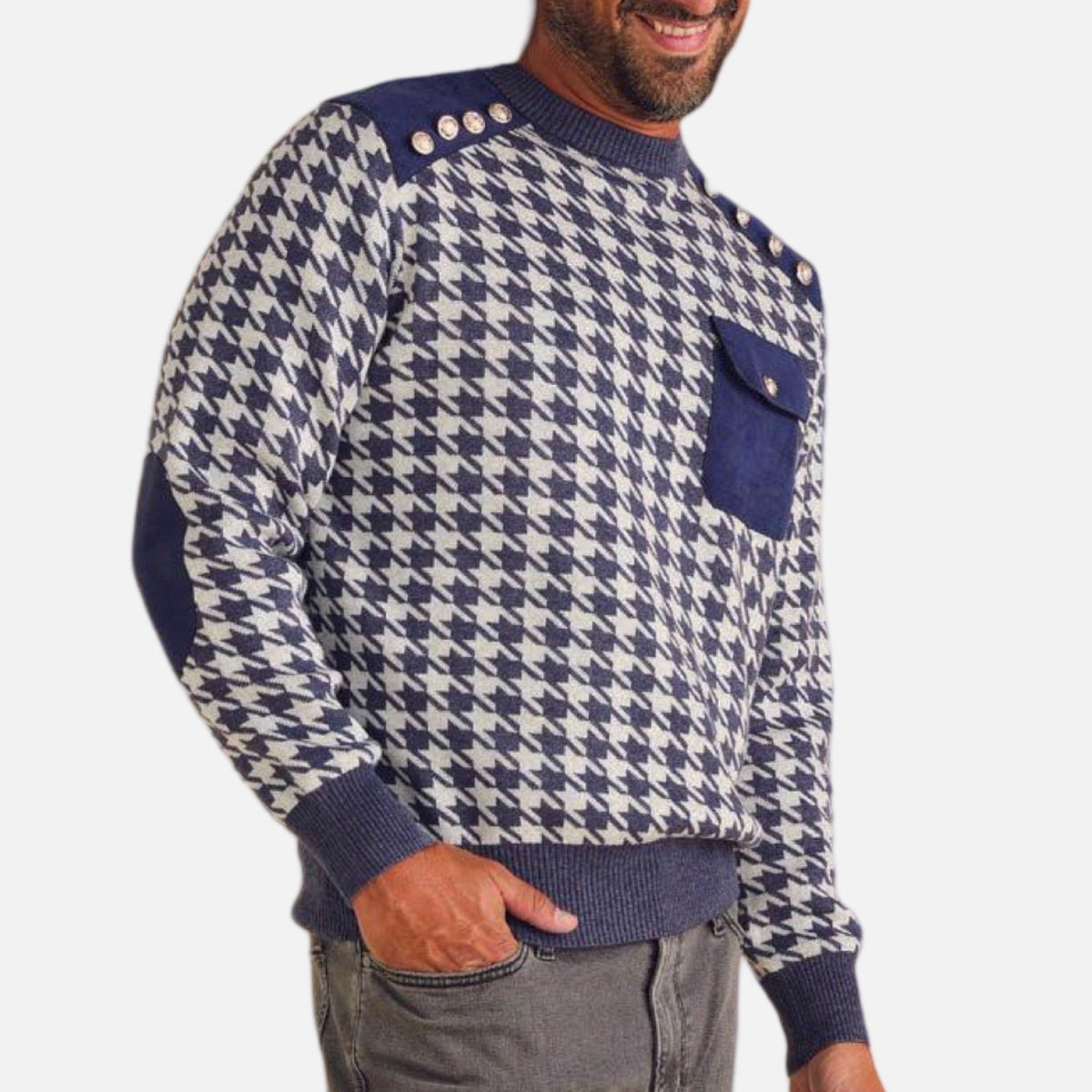 Inserch Crew Neck Houndstooth Sweater with Pocket