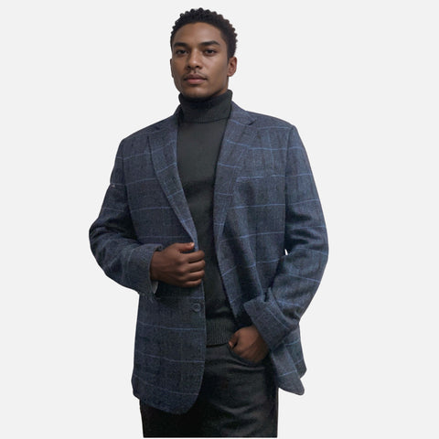 Men’s Black Textured Unstructured Blazer with Blue checks/stripes | Modern Fit