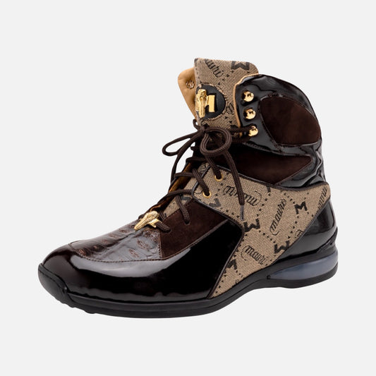 Mauri 8402 Sport/Rust High-Top Sneakers - Exotic Crocodile/Fabric/Patent Leather