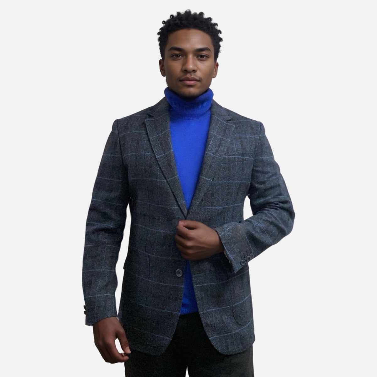 Men’s Black Textured Unstructured Blazer with Blue checks/stripes | Modern Fit