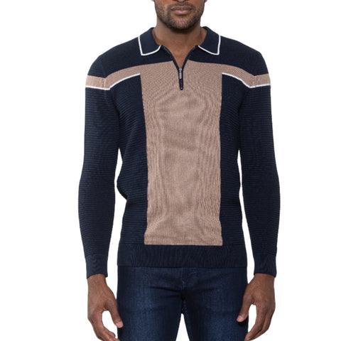 Mens Quarter Zip Polo Collar Navy Sweater by Luchiano Visconti