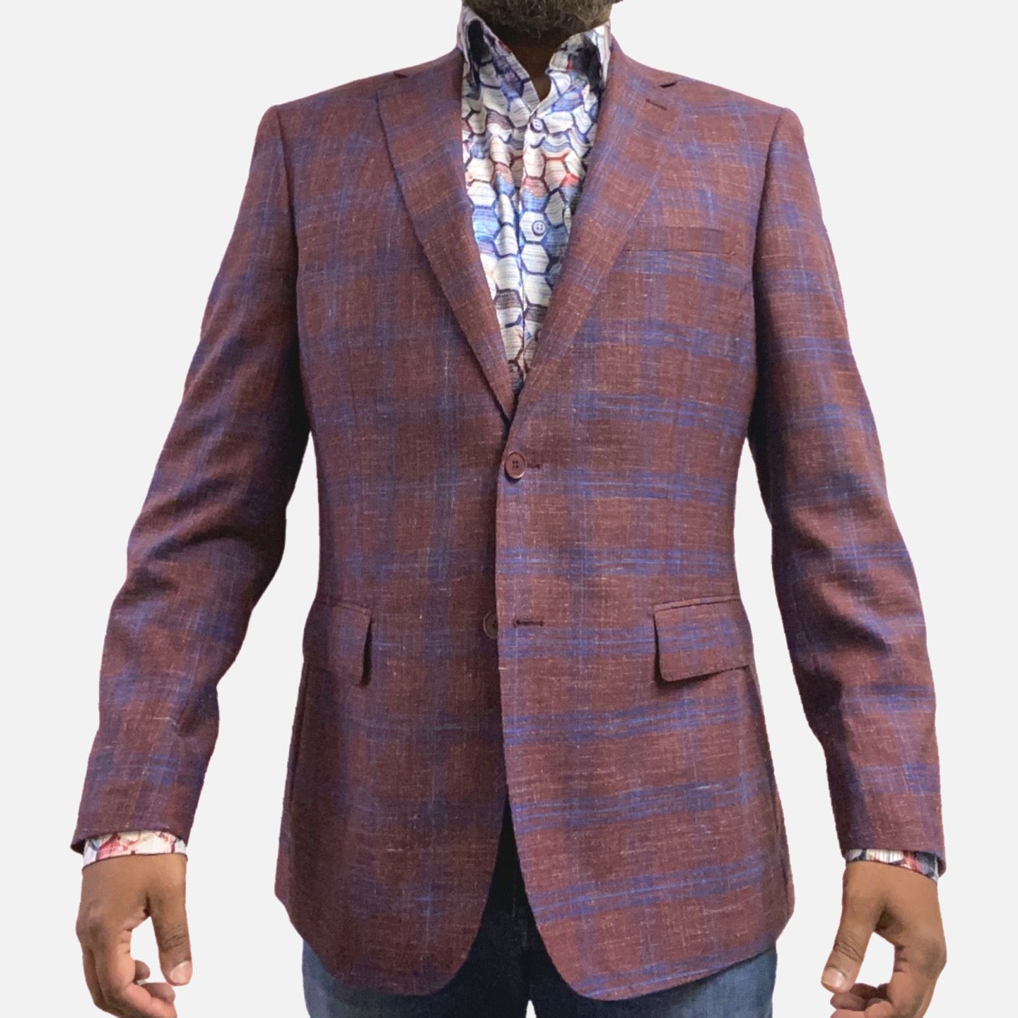 Classic Plaid Men's Wine Sports Coat Blazer - Premium 100% Wool Fabrication