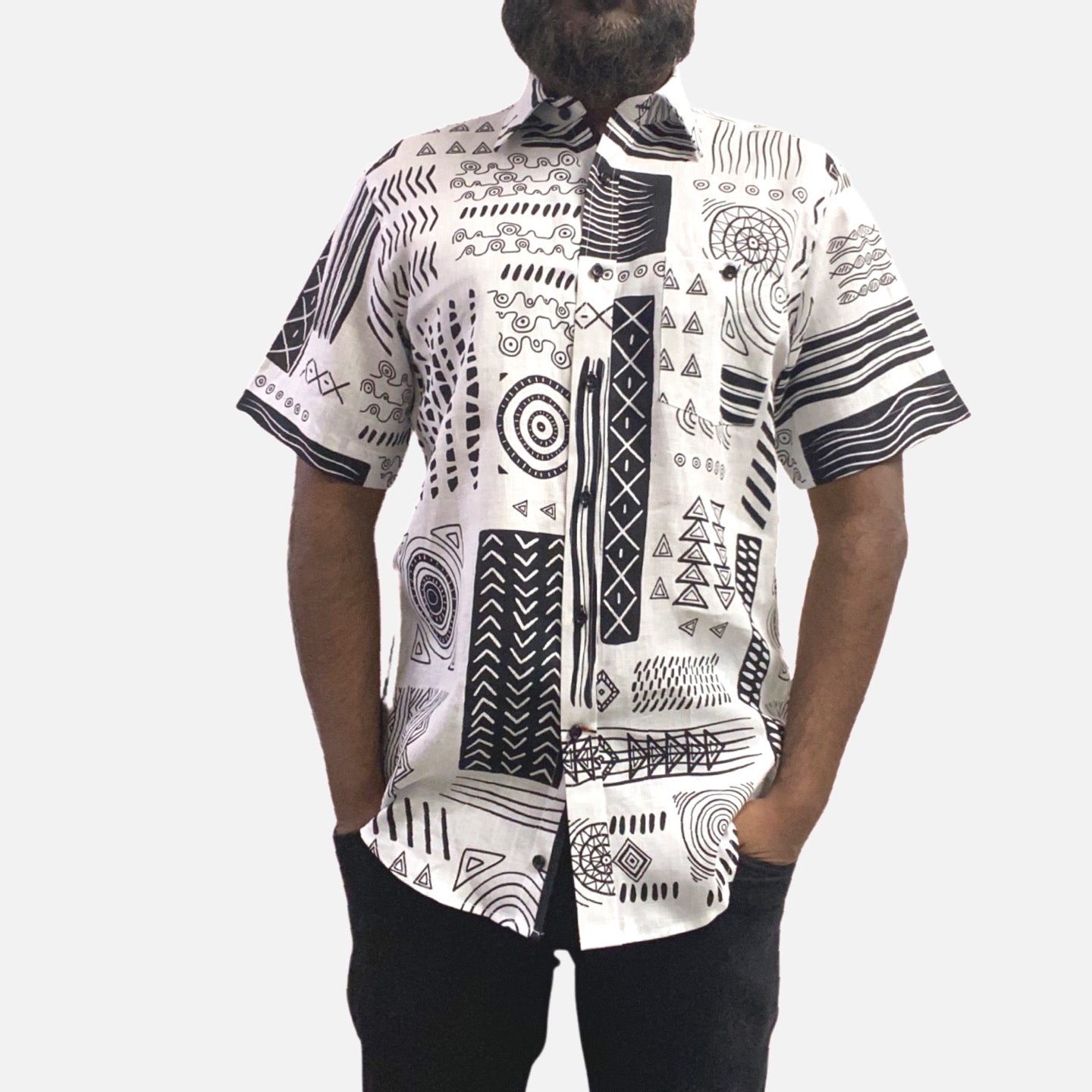 Mens white line shirt with black African pattern print
