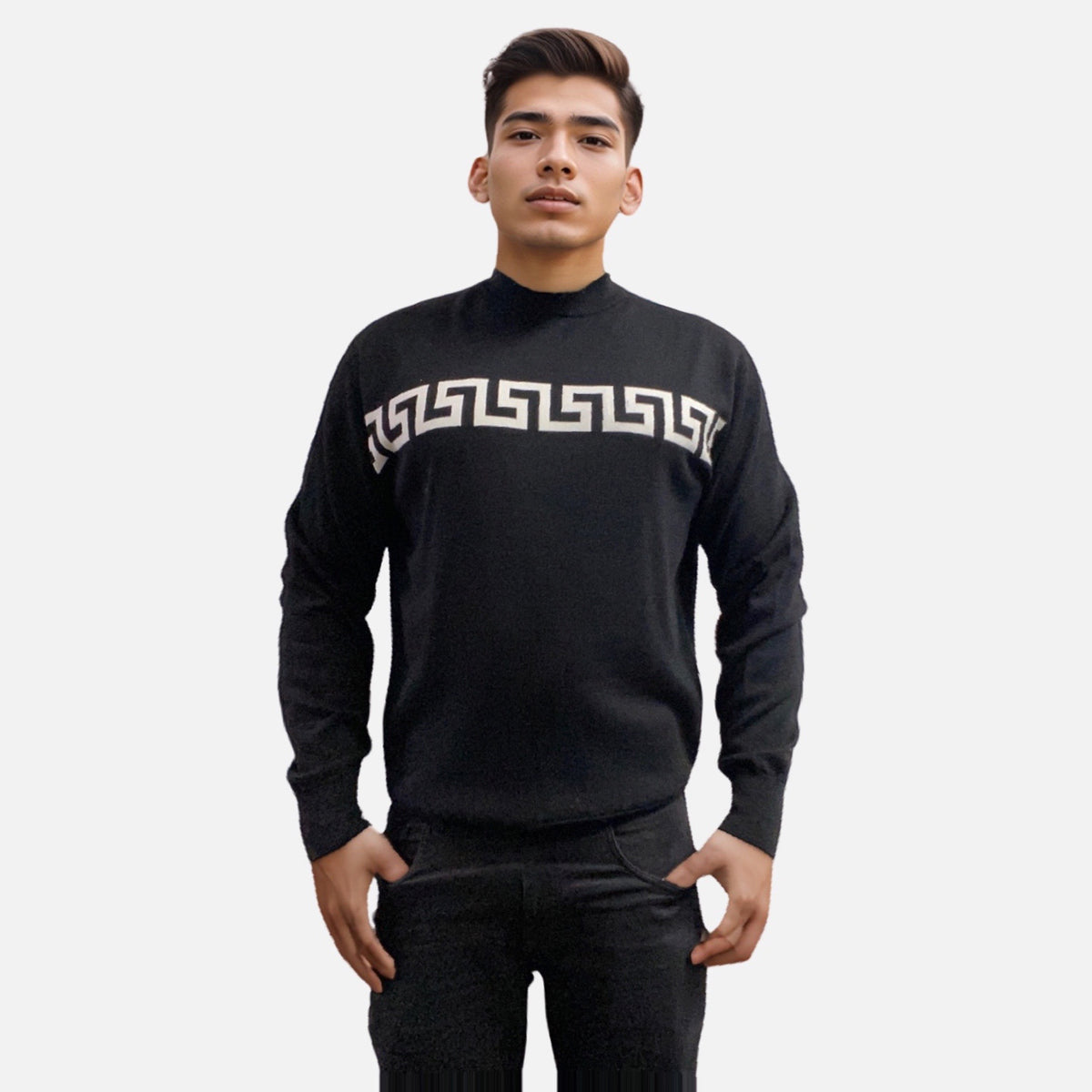 Mens Black Mock Neck sweater with White Pattern
