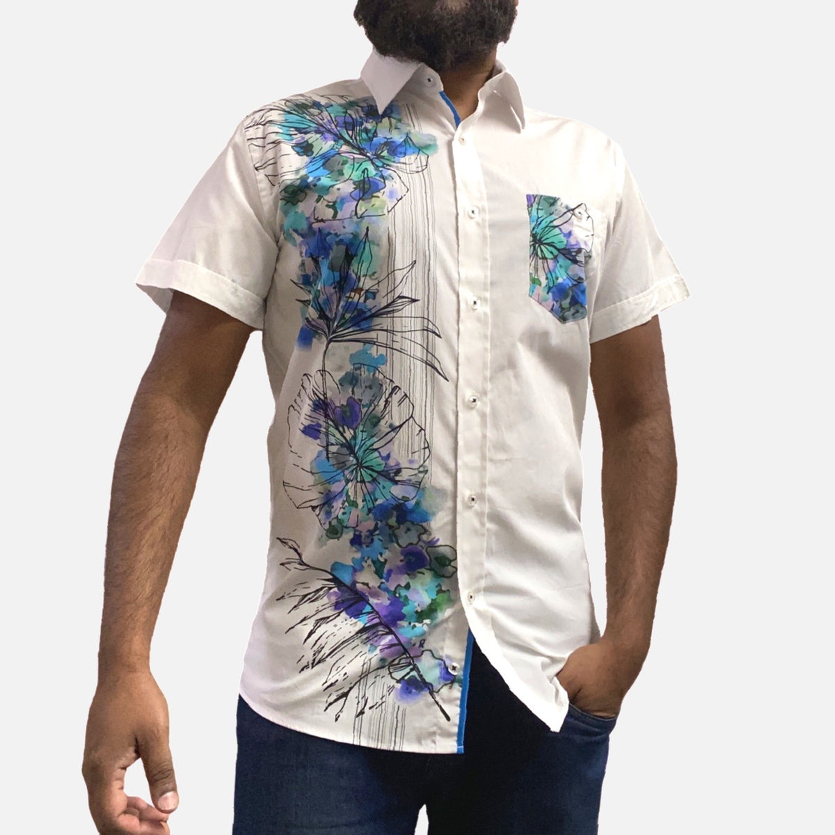 Men's White and Blue Short Sleeve Cotton Button-Up Casual Shirt