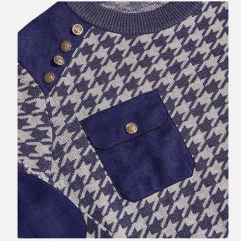 Inserch Crew Neck Houndstooth Sweater with Pocket