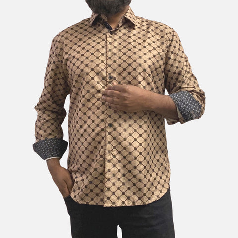 Men's Taupe Shirt with Black Flocking Pattern and Subtle Paisley Design