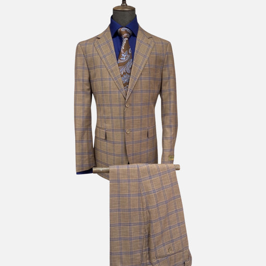 Mens Brown Windowpane Suit | Wool and Silk Blend
