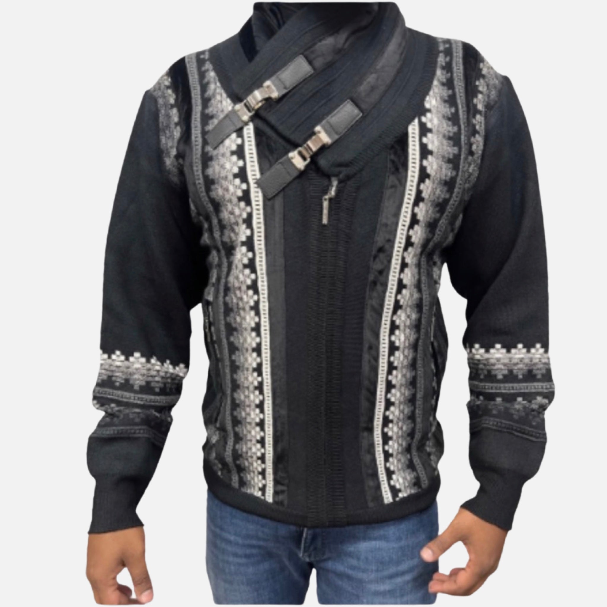 Mens black Double Buckle Strap Sweater