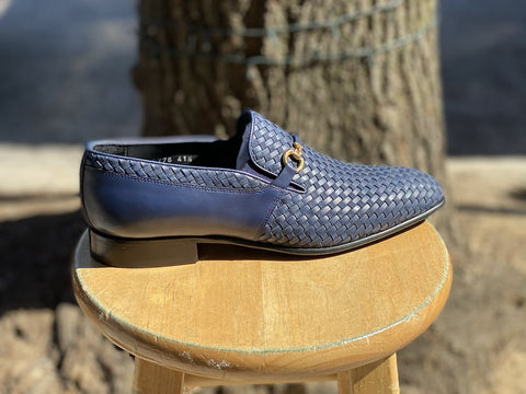 Navy Blue Woven Leather and Suede Bit loafer for men By Corrente