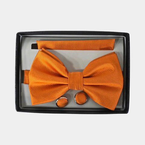 Pre-Tied 3 Piece Ribbed Bow tie Set, Matching hanky & Cuff Link