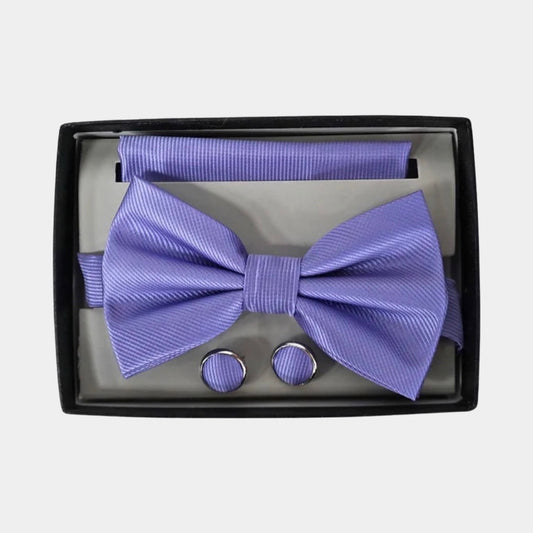 Pre-Tied 3 Piece Ribbed Bow tie Set, Matching hanky & Cuff Link